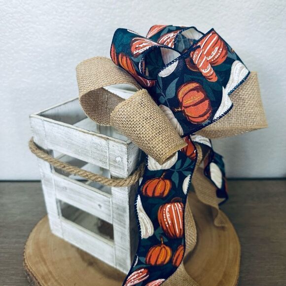 Fall Pumpkin Burlap Farmhouse Ribbon Bow - Picture 2 of 3